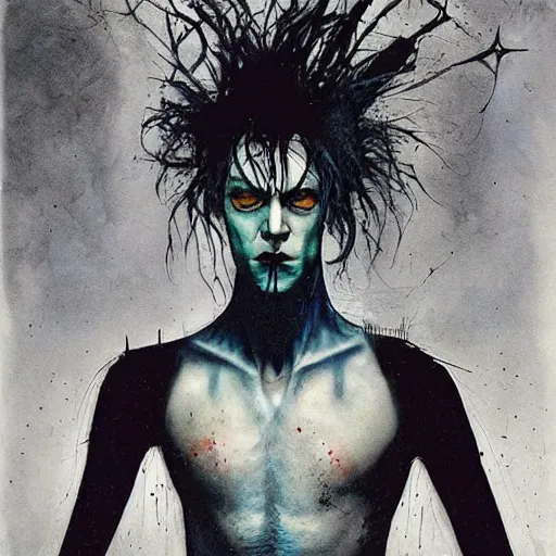 Image similar to gaunt ( the cure fan ) as dream from sandman, sadness, by jeremy mann, by cedric peyravernay, by ben templesmith, by dave mckean and richard avedon, dramatic lightning, dark eye sockets, closed eyes, black t - shirt, 1 9 8 0's, punk rock, gothic, the cure, high detailed, 8 k