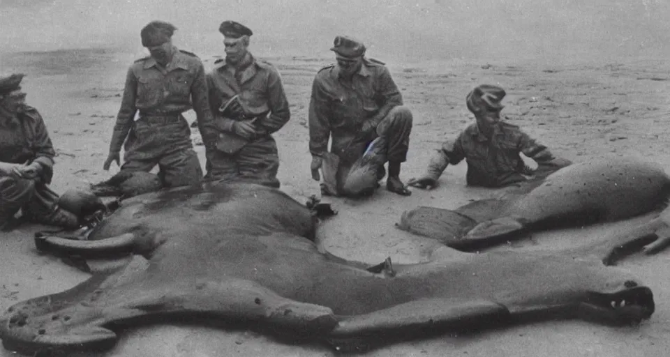 Image similar to 1940s photo, long shot, 5 soldiers looking at a huge creature washed up on a beach