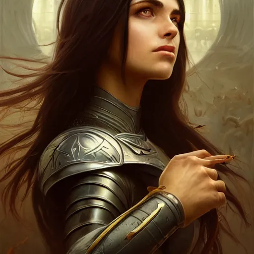 Image similar to a portrait of an attractive young woman, clothed in battle armor, olive skin, long dark hair, beautiful bone structure, symmetrical facial features, intricate, elegant, highly detailed, digital painting, trending on Artstation, concept art, smooth, sharp focus, illustration, by artgerm and greg rutkowski and alphonse mucha