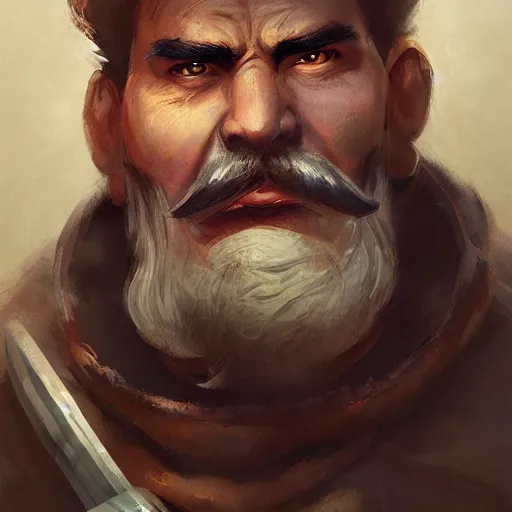 Image similar to portrait old chef barbarian warrior with trucker mustache and short hair, 8 k, trending on art station, by tooth wu and greg rutkowski