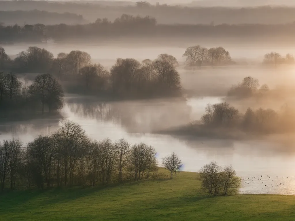 Image similar to A landscape photo taken by Kai Hornung of a river at dawn, misty, early morning sunlight, cold, chilly, two swans swim by, rural, English countryside