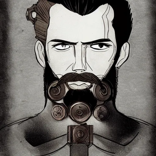 Image similar to very attractive man with beard, strong masculine features, slim, short hair, 35 years old, one android eye, sophisticated clothing with some steampunk elements, gesture dynamic, command presence, royalty, weathered face, smooth, sharp focus, organic, appealing, book cover, deep shadows, by Dave McKean sketch lineart for character design