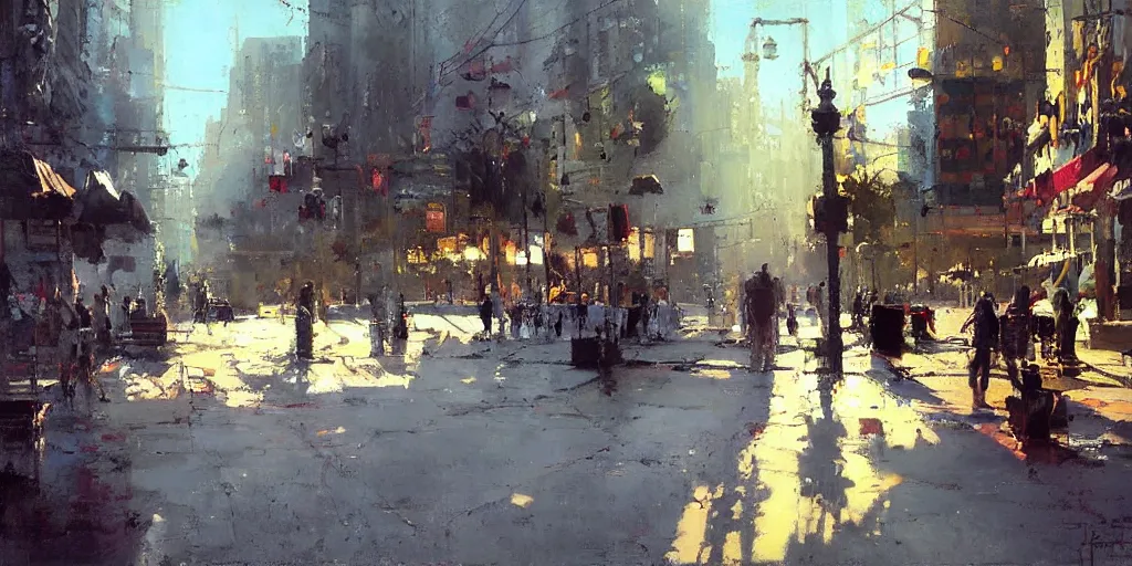 Prompt: street scene, summer time, sunlight, bright colorful, painting by jeremy mann