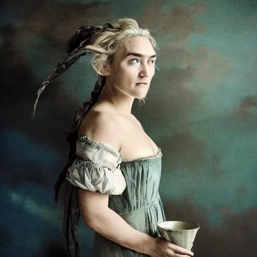 Image similar to A 18th century, messy, silver haired, (((mad))) elf princess (Kate Winslet), dressed in a ((ragged)), wedding dress, is ((drinking a cup of tea)). Everything is underwater and floating. Greenish blue tones, theatrical, (((underwater lights))), high contrasts, fantasyconcept art, inspired by John Everett Millais's Ophelia