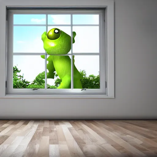 Image similar to photography, 3 d render, monster, window, wood floor