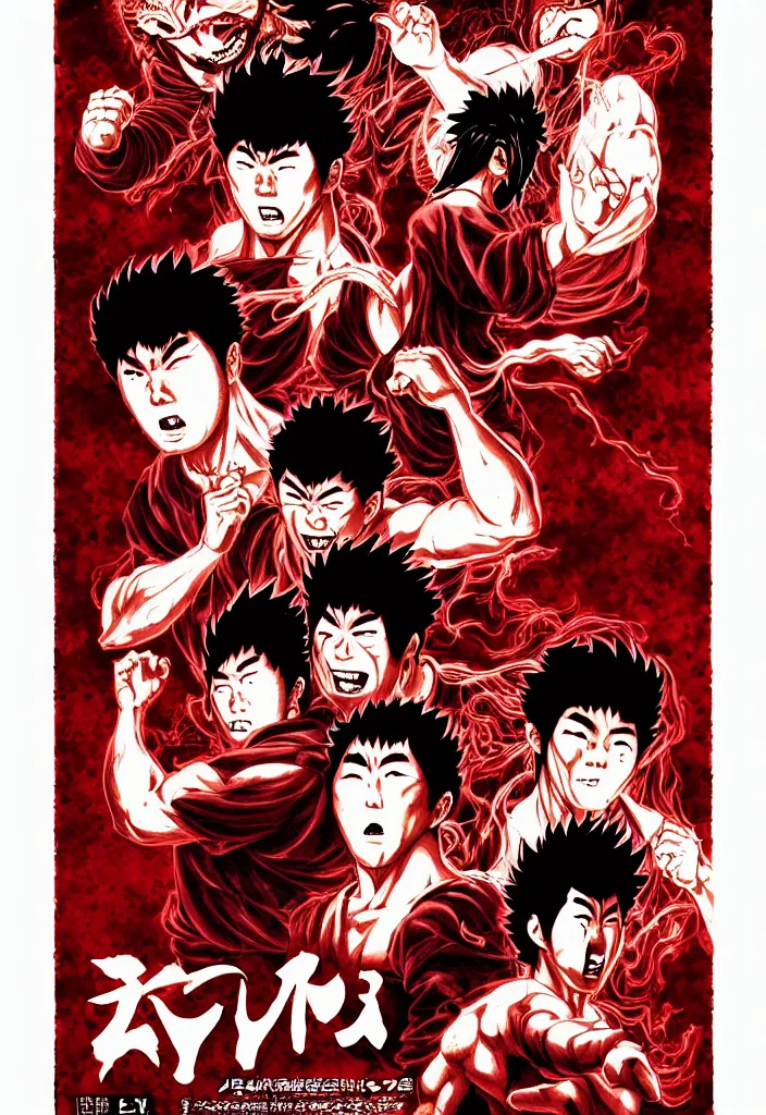 Image similar to a comic book style japanese horror poster of ryu, akuma and ken by dan mumford, yusuke murata and junji ito, blood lines, yokai, kanji, 8k, unreal engine, trending on artstation, pixiv, intricate details, volumetric lighting
