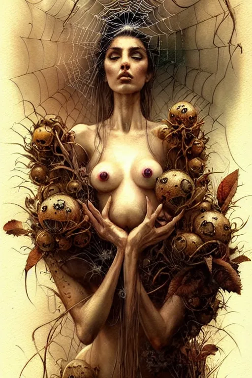 Image similar to miss of the world spider | esoteric symbolism | jean - baptiste monge, esao andrews, bastien lecouffe - deharme, tim jacobus, ken currie | ultra - detailed realism, soft cinematic lighting, hi - fructose, artstation, high - quality, ink watercolors wes anderson poster art