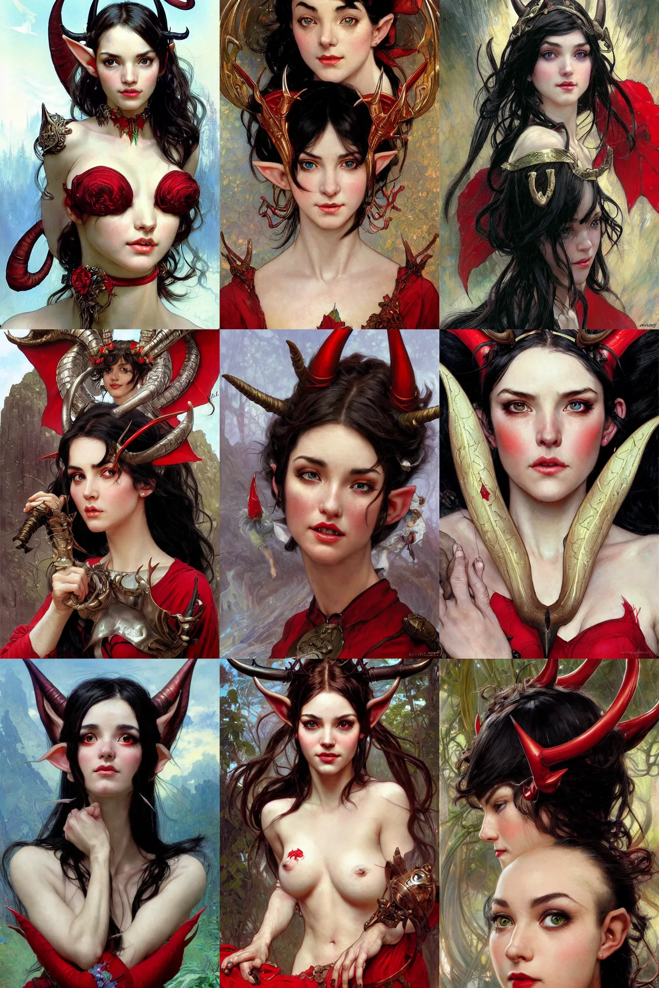 Prompt: closeup hyper-realistic portrait of beautiful high-fantasy elf girl (black hair and red eyes) with two horns coming out of her head, intricate details, by Stanley Artgerm Lau, by greg rutkowski, by thomas kindkade, by alphonse mucha, loish, by norman rockwell J.