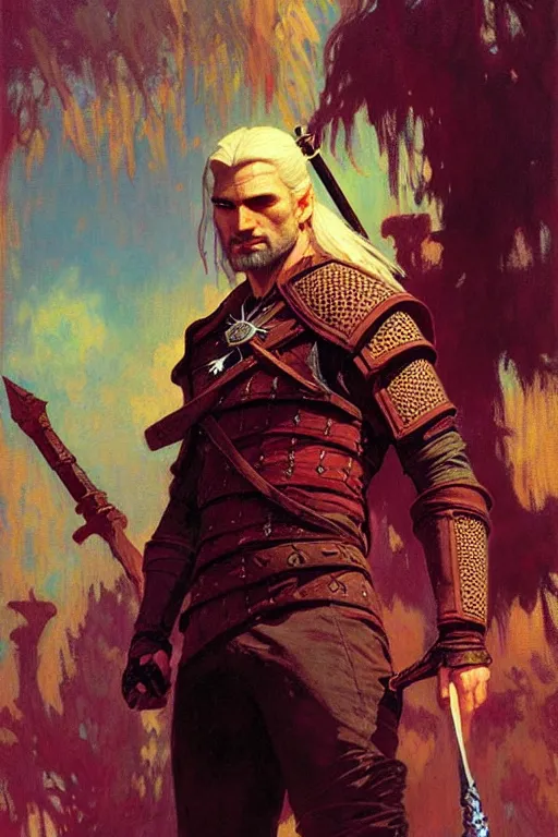 Image similar to attractive man, witcher, cool colors, painting by gaston bussiere, craig mullins, greg rutkowski, alphonse mucha