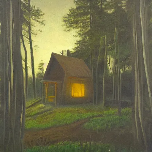 Image similar to a painting of a eerie cabin in the middle of the woods in the style of grant wood