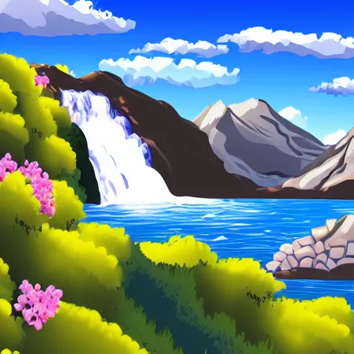 Image similar to beautiful mountain valley, cinegraphic, very very very detailed, waterfall, blue sky