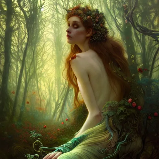 Image similar to dreamy enchanted forest, surreal, fantasy, intricate, elegant, dramatic lighting, emotionally evoking symbolic metaphor, highly detailed, lifelike, photorealistic, digital painting, artstation, concept art, smooth, sharp focus, illustration, art by John Collier and Krenz Cushart and Artem Demura and Alphonse Mucha and Albert Aublet