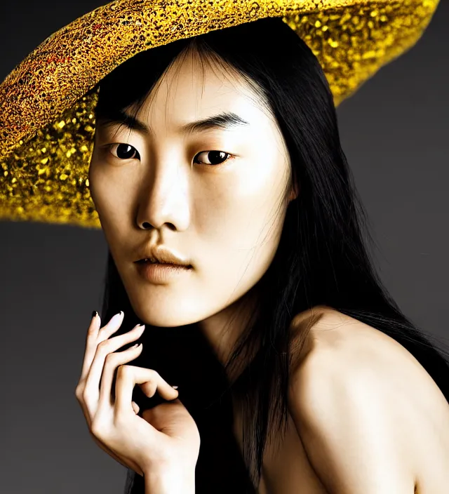 Prompt: photography facial portrait of liu wen, natural background, natural pose, wearing stunning hat by iris van herpen, with a colorfull makeup. highly detailed, skin grain detail, photography by paolo roversi, nick knight, helmut newton, avedon, araki