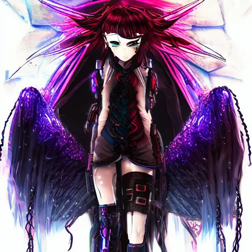 Prompt: anime cyberpunk dark fantasy art, cute and beautiful full body female cyborg - angel in the style of stand alone complex, akira, durararara, red blue purple black fade, braided hair, dark light night, intense watery glowing red eyes, highly intricate detailed, braided hair, advanced digital anime art, wlop and rossdraws and sakimimichan