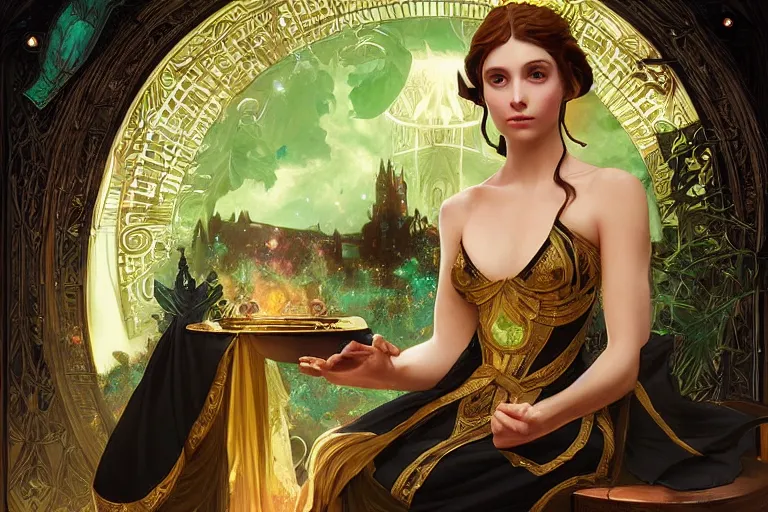 Prompt: a beautiful young sorceress wearing a black robe with gold embroidery, sitting at table, casting a spell, green glows, painted by artgerm and tom bagshaw and alphonse mucha, in the style of magic the gathering, highly detailed digital art