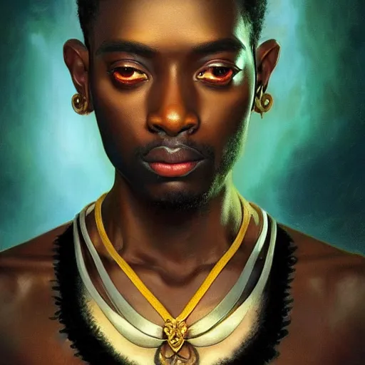 Image similar to Perfectly-centered portrait-photograph of a real life completely black god, lifelike, super highly detailed, professional digital painting, artstation, concept art, Unreal Engine 5, Photorealism, HD quality, 8k resolution, cinema 4d, 3D, beautiful, cinematic, art by artgerm and greg rutkowski and alphonse mucha and loish and WLOP
