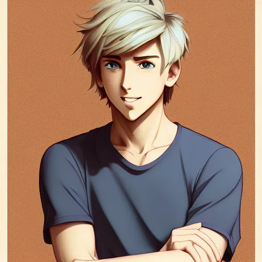 Prompt: young man with short, ash blond greyish hair, light brown eyes, casual clothes, relaxing, happy, path traced, highly detailed, high quality, digital painting, by don bluth and ross tran and studio ghibli and alphonse mucha