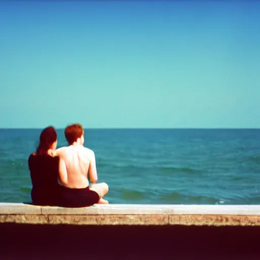 Prompt: 3 5 mm film photo of a man and a woman sitting with the sea behind them, hyperrealistic