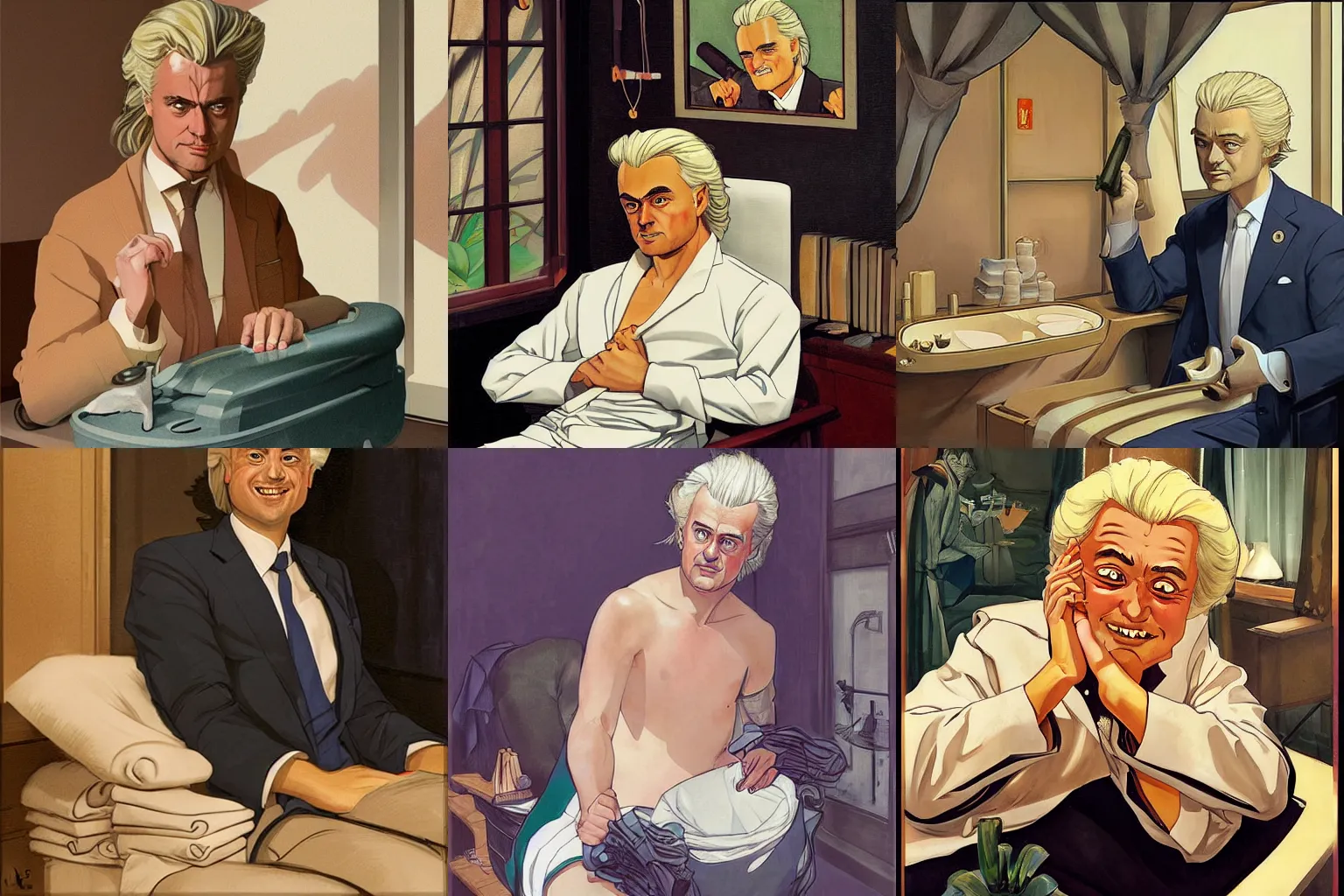 Prompt: geert wilders in a spa, in the style of studio ghibli, j. c. leyendecker, greg rutkowski, artem