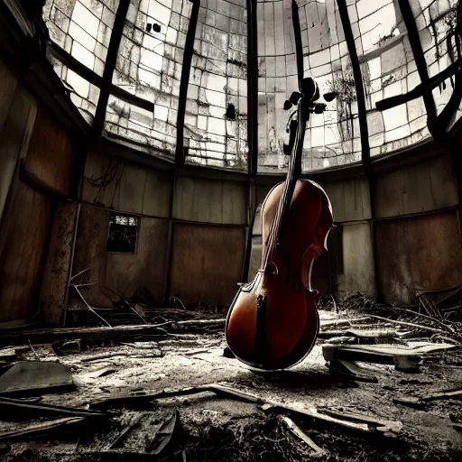 Image similar to abandoned places with a cello, cinematic light,