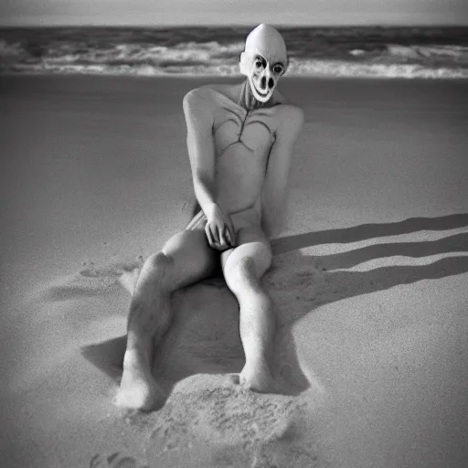Image similar to nosferatu puting sunscreen on his body on the beach, realistic detailed photography