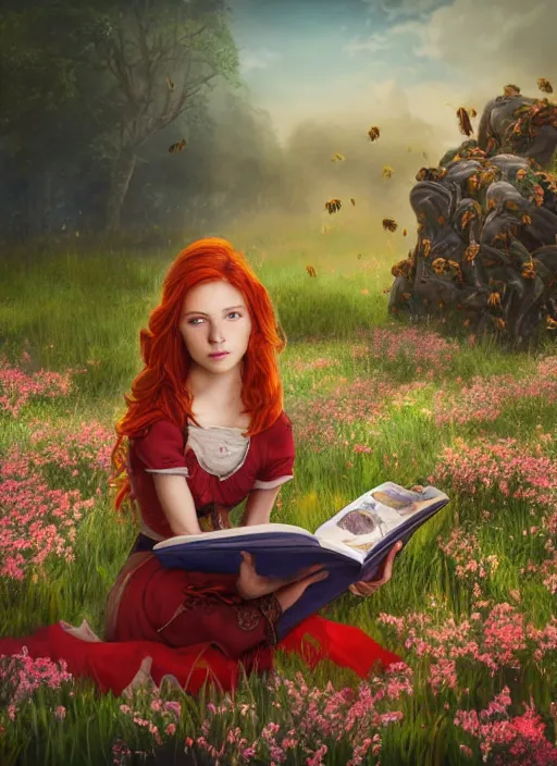 Image similar to An epic fantasy comic book style portrait painting of a young red headed girl reading a book in a field of flowers surrounded by bees in the style of the wheel of time, unreal 5, DAZ, hyperrealistic, octane render, cosplay, RPG portrait, dynamic lighting