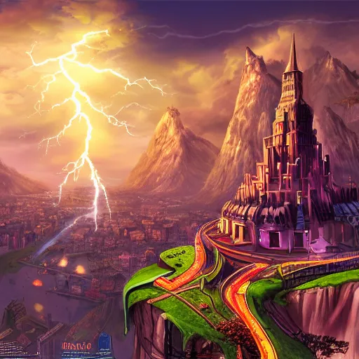 Image similar to imaginary heroes of might and magic city, high resolution and extreme detail, well symmetrically composed, gorgeous lightning