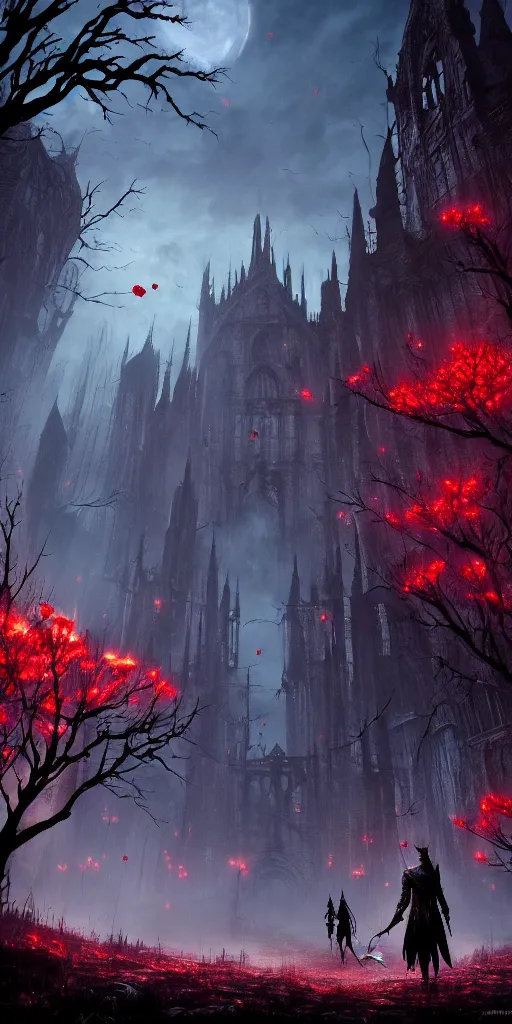 Image similar to abandoned bloodborne old valley with a person at the centre and a ruined gothic city at the end, trees and stars in the background, falling red petals, epic red - orange moonlight, perfect lightning, wallpaper illustration by niko delort and kentaro miura, 4 k, ultra realistic