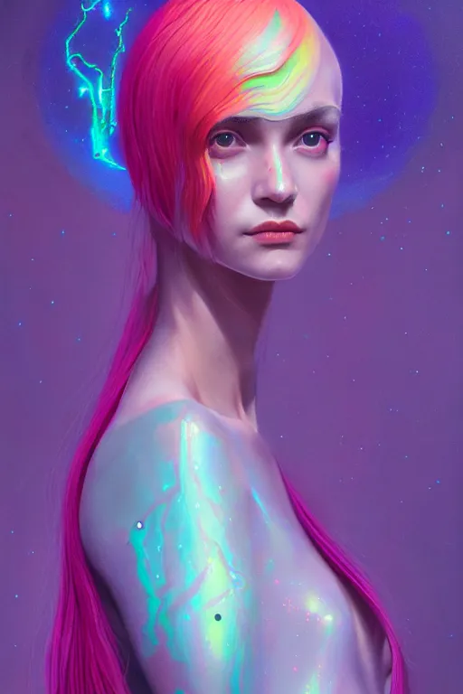 Image similar to 👾👗🛸🌈🧛🏾♀, phantom, dreary, dramatic, fluid, iridescent, golden ratio, artstation, moebius + loish + wlop, hd, oil painting, hyper realistic,