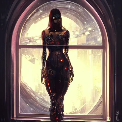 Image similar to portrait of cyberpunk woman looking out of a window, cyberpunk setting, futuristic, highly detailed, intricate lighting, digital painting, sharp focus, illustration, trending on artstation, art by karol bak.