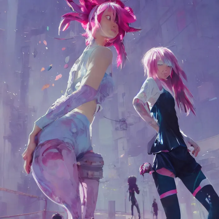 Image similar to a beautiful fullbody portrait of a cute anime girl with pink hairs barefoot wearing sport clothing and leggings under shorts in cyberpunk city. character design by cory loftis, fenghua zhong, ryohei hase, ismail inceoglu and ruan jia. artstation, volumetric light, detailed, photorealistic, fantasy, rendered in octane, rim light