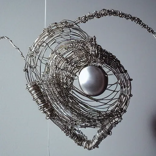 Image similar to pacman, wire sculpture, realistic silver metal wire sculpture, detailed and intricate