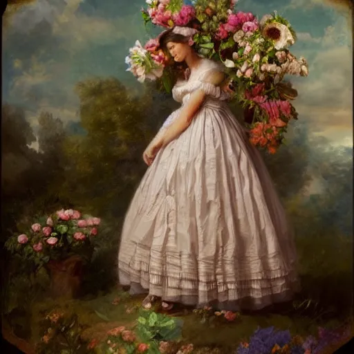 Image similar to flowers full human body, highly detailed photo in the style of Franz Xaver Winterhalter and Aetherpunk