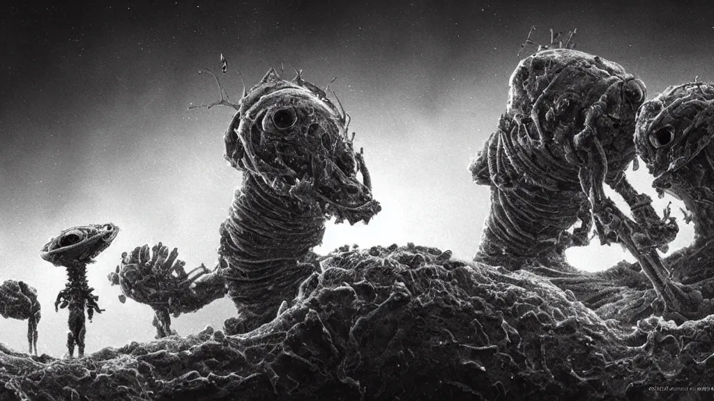 Prompt: a beautiful microscopic photo of a coronavirus and an alien lifeform seen through an electron microscope, dark, sinister, detailed, high contrast, art by Greg Rutkowski