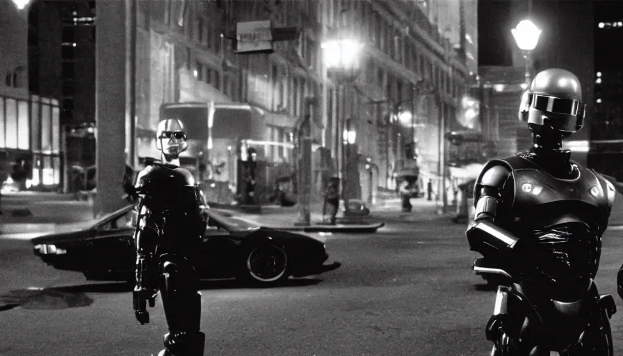 Image similar to peter weller in robocop costume, standing under a street lamp at night in downtown future detroit. leaning against a futuristic police car. criterion collection, movie still. 7 0 mm. imax. film.