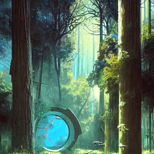 Image similar to derelict portal in a middle of a futuristic forest, world seen only through a portal, daylight, cinematic lighting, blue sky, syd mead, john harris