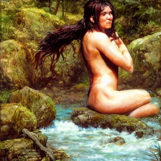 Prompt: !dream a barbarian woman washing her hair in a stream with her back turned, full body, by frank franzetta