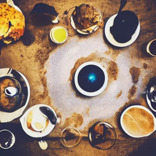 Prompt: the planetary system made our of food on a cafe table, photography, 4 k photo