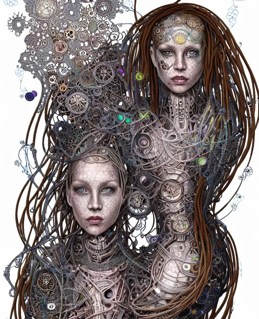 Image similar to full colour photographic beautiful biomechanical female blonde dreadlock cyborg, realistic skin, geometrical octagonal lace tattoos, alexander mcqueen, art nouveau fashion embroidered, futuristic android jones style steampunk, trippy lsd hippie, craftsmanship, intricate silver filigrees, hexagonal mesh wire, mandelbrot fractal spiral mandala, alex grey, giger, hyperreal, photorealistic