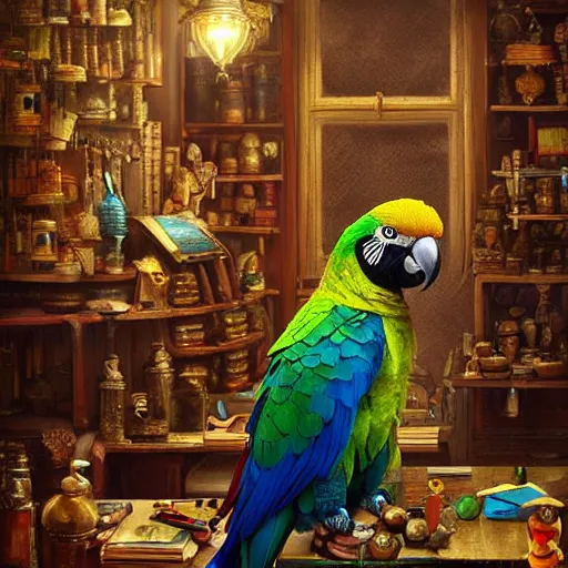 Prompt: A Anthropomorphized parrot trader in his shop, selling his wares, portrait, items, gold, carpet, window, sly expression, cunning expression, D&D, fantasy, intricate, cinematic lighting, highly detailed, digital painting, artstation, concept art, smooth, sharp focus, illustration, art by Greg Rutkowski