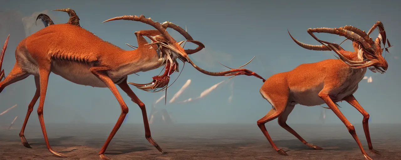 Prompt: creature design, a gazelle with crustacean carapace, crab picers, palp eyes, cryptid, cinematic lighting, octane render, cinematic aura lighting, atmospheric, photorealistic, hyperdetailed 3 d matte painting, hyperrealism, hyperrealistic