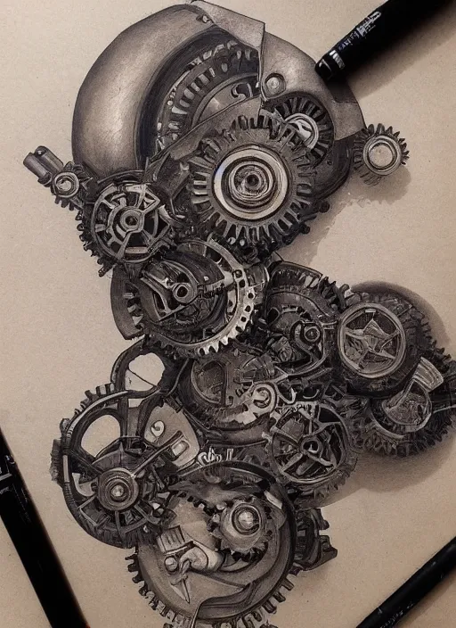 Prompt: A large mechanical gear, by artgerm, mixed media on toned paper, 2021, very detailed, coffee art