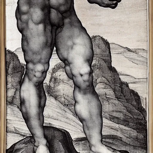 Prompt: a man looking in the distance from the top of a mountain, michelangelo, 1 4 5 0