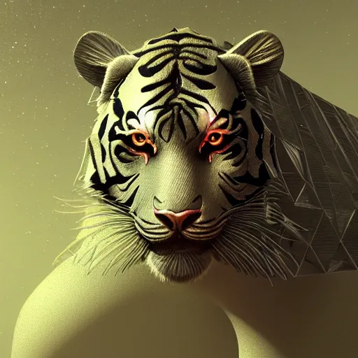 Prompt: polygon fractal crystal tiger, highest quality and details setting, concept art, 3d render, trending on artstation