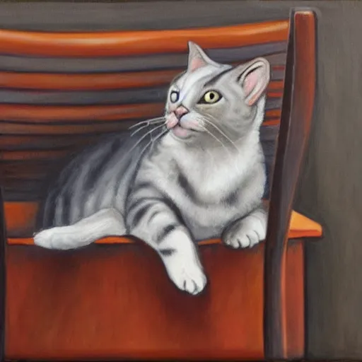 Prompt: painting of a cat in a business suit, sitting in a chair and using a laptop