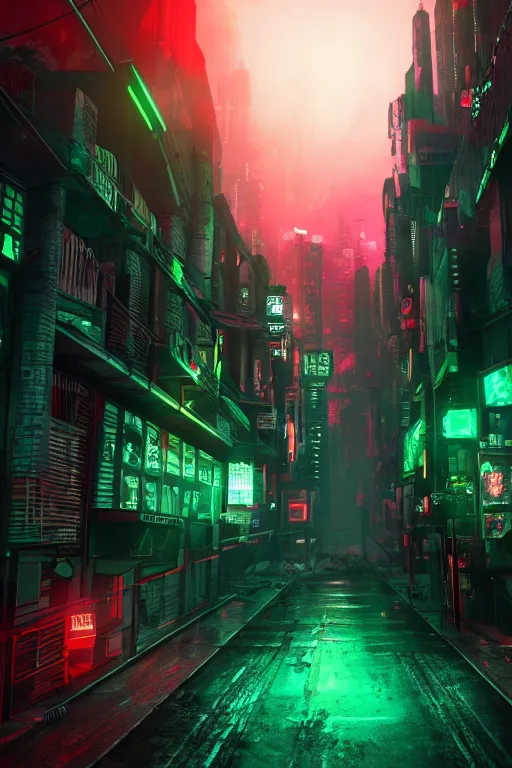 Image similar to City of Horror, glowing red-green fluorescence, cyberpunk, shawl streets, virtual engine, HD, high detail