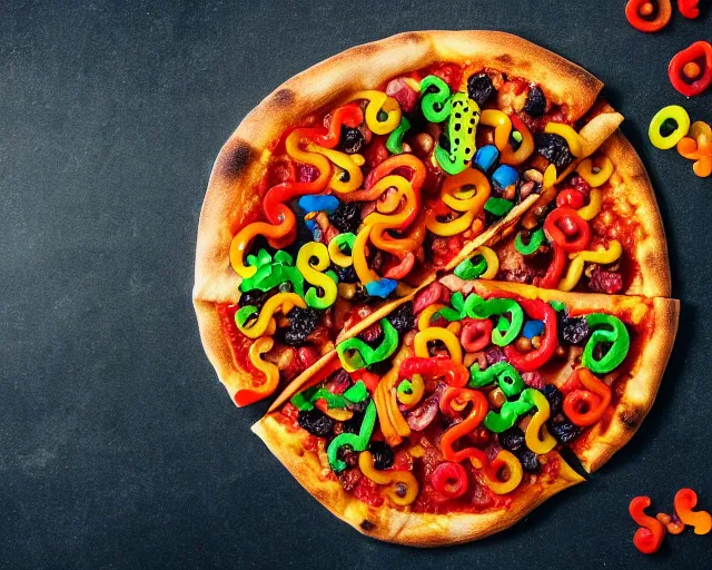 Image similar to pizza with gummy bears and gummy snakes and other candues as toppings, professional food photography, tasty