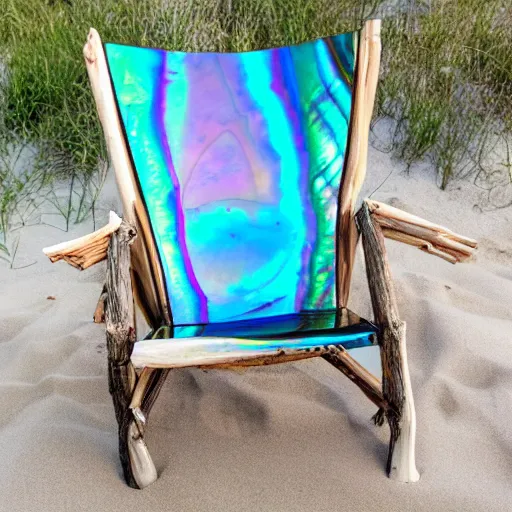 Image similar to beach chair made of large iridescent abalone shell, nacre, driftwood, sunny 35 mm product photo