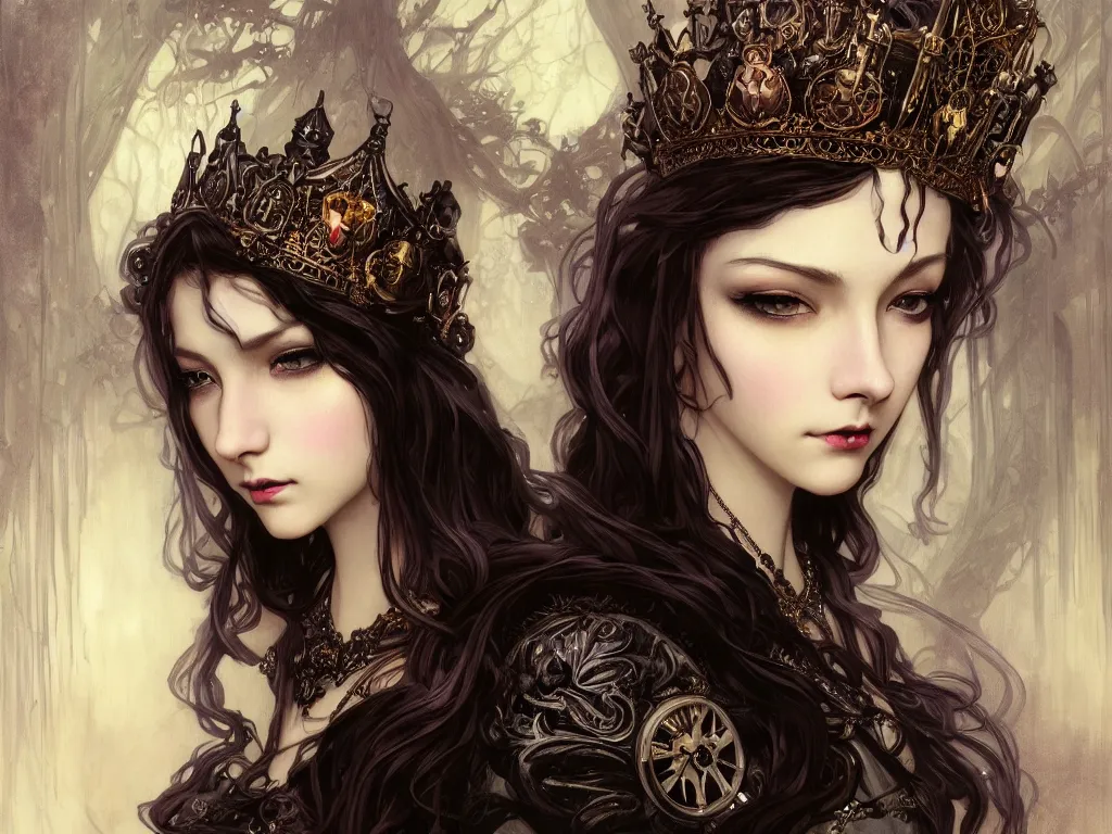 Image similar to beautiful and luxury and victorian and gothic and dieselpunk young medieval dark crown princess portrait like blackpink lisa + smoky eyes + front face with light flowing hair, ultradetail face, art and illustration by tian zi and craig mullins and wlop and alphonse mucha, fantasy, intricate complexity, human structure, human anatomy, fantasy character concept, watermark, blurry, hyperrealism 8 k