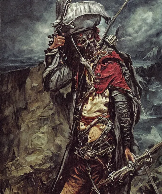 Prompt: ultra realistic color portrait painting of an undead 1 7 th century pirate with a sword in a grotto, dark, painted, brooding, atmospheric, seascape, horror, smooth, epic, highly detailed, cinematic, by angus mcbride